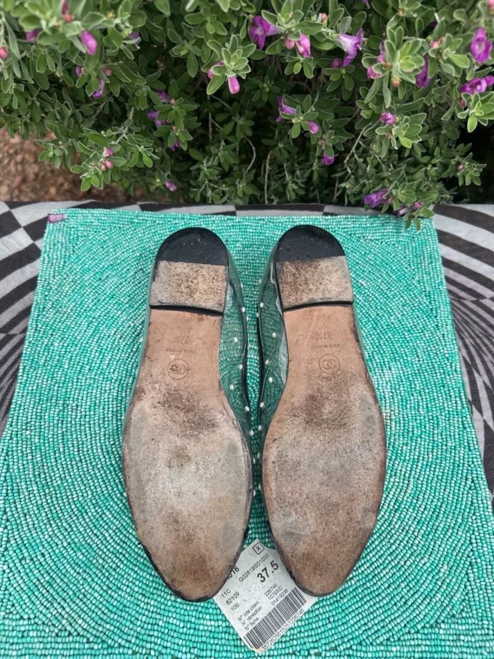 CHANEL PVC serial#GO2819 clear balerina flats 37 1/2 with Pearl Polka Studs-used